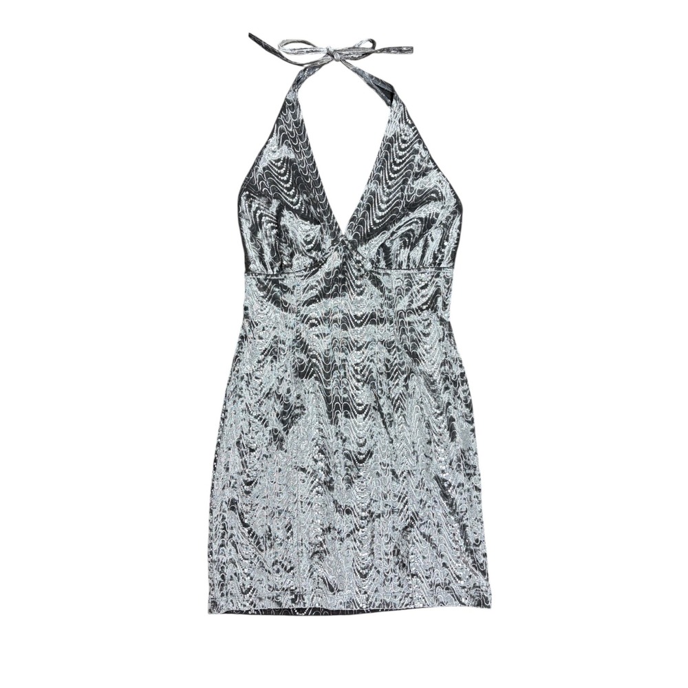 Vintage Tower Y2K Metallic Silver Wave Halter Mini Dress Made in USA XS
